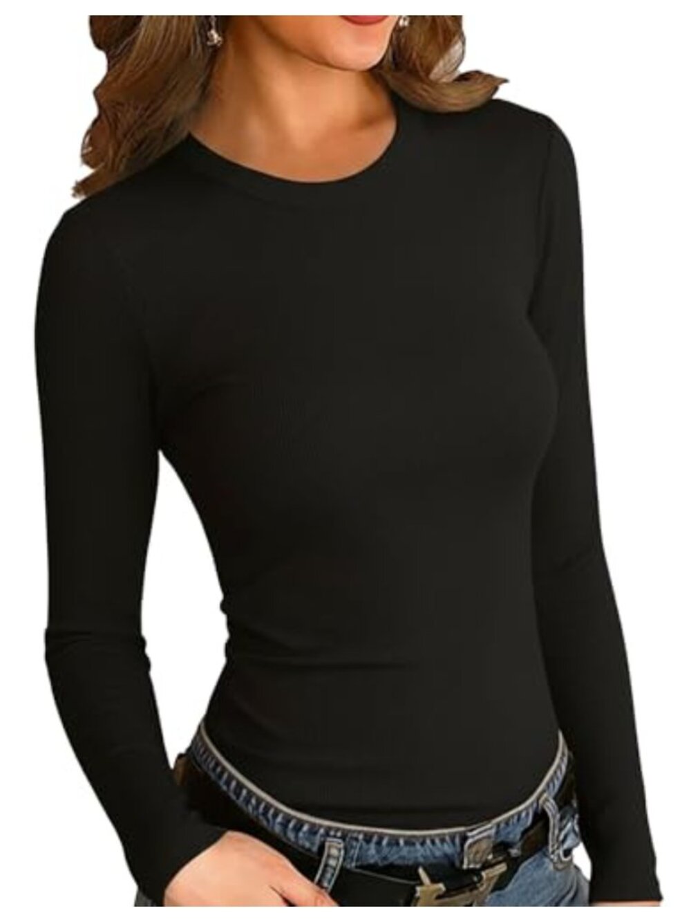 Women's Ribbed Long Sleeve Crew Neck Slim Fit T-Shirt Stretchy Basic Top